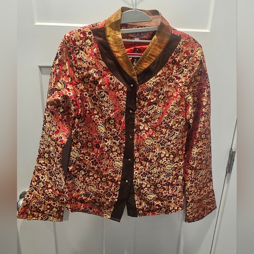 NEW Mon-Fana Tang Brocade Jacket L Red Gold Floral Asian Inspired Button FRONT